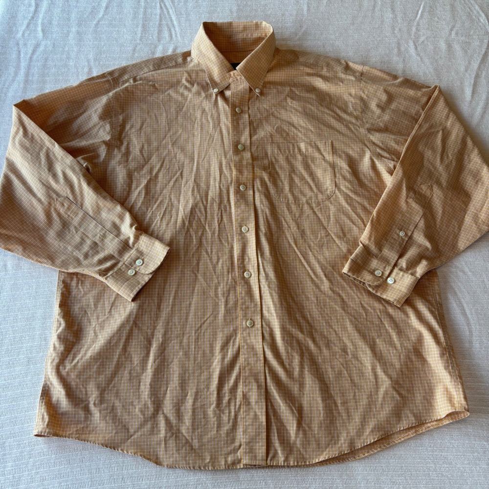 Brooks Brothers Non-Iron Cotton Check Button Down Shirt Mens XL Orange‎ White
